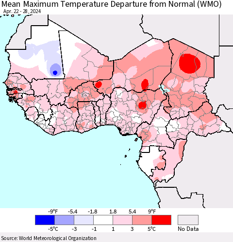 Western Africa Mean Maximum Temperature Departure from Normal (WMO) Thematic Map For 4/22/2024 - 4/28/2024