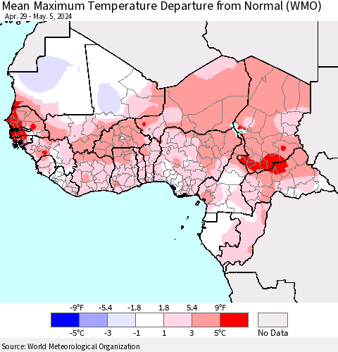 Western Africa Mean Maximum Temperature Departure from Normal (WMO) Thematic Map For 4/29/2024 - 5/5/2024