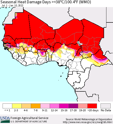 Western Africa Seasonal Heat Damage Days >=38°C/100°F (WMO) Thematic Map For 7/1/2021 - 1/10/2022