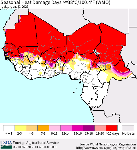 Western Africa Seasonal Heat Damage Days >=38°C/100°F (WMO) Thematic Map For 7/1/2021 - 1/31/2022