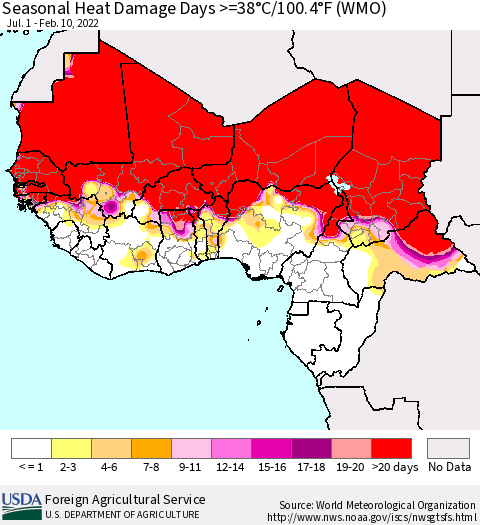 Western Africa Seasonal Heat Damage Days >=38°C/100°F (WMO) Thematic Map For 7/1/2021 - 2/10/2022