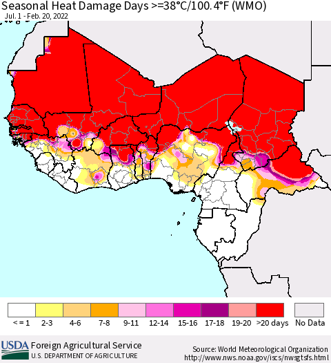Western Africa Seasonal Heat Damage Days >=38°C/100°F (WMO) Thematic Map For 7/1/2021 - 2/20/2022