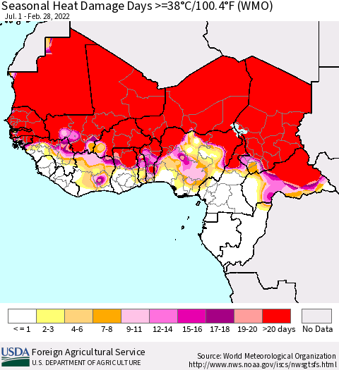 Western Africa Seasonal Heat Damage Days >=38°C/100°F (WMO) Thematic Map For 7/1/2021 - 2/28/2022