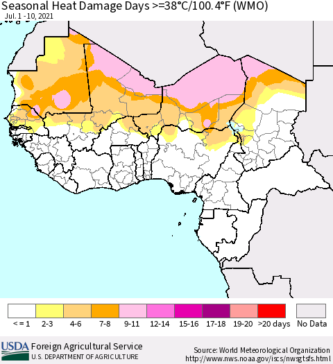 Western Africa Seasonal Heat Damage Days >=38°C/100°F (WMO) Thematic Map For 7/1/2021 - 7/10/2021