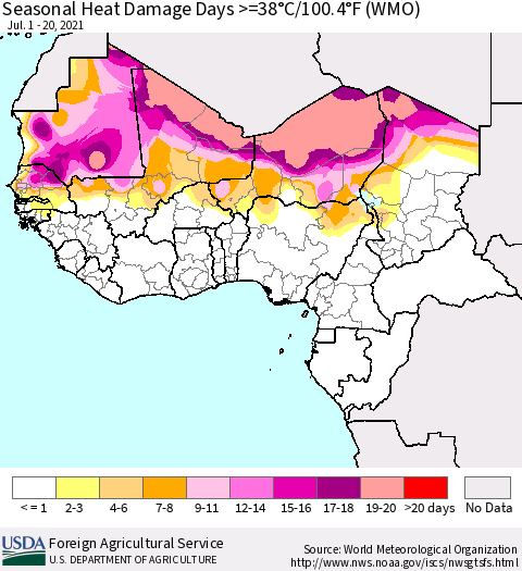 Western Africa Seasonal Heat Damage Days >=38°C/100°F (WMO) Thematic Map For 7/1/2021 - 7/20/2021