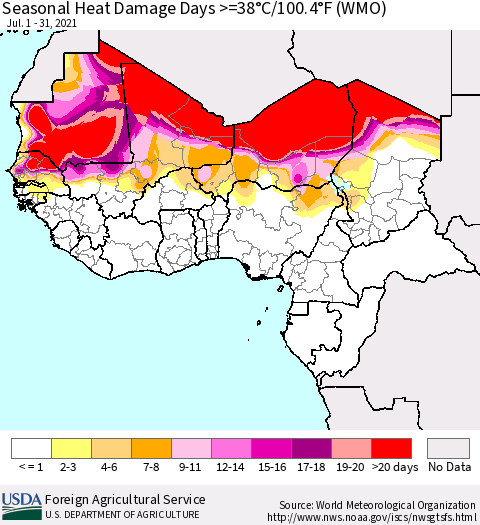 Western Africa Seasonal Heat Damage Days >=38°C/100°F (WMO) Thematic Map For 7/1/2021 - 7/31/2021