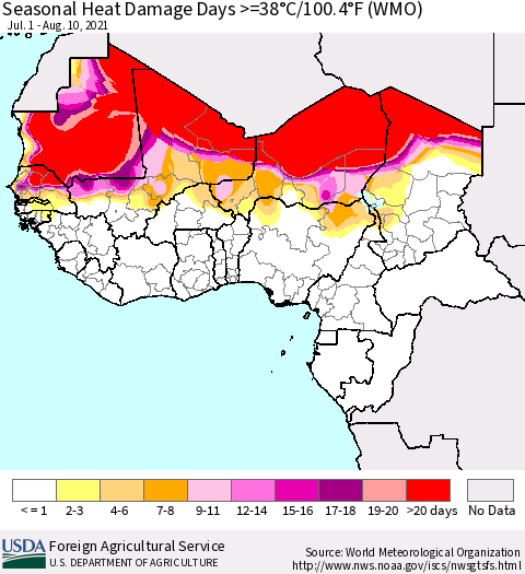 Western Africa Seasonal Heat Damage Days >=38°C/100°F (WMO) Thematic Map For 7/1/2021 - 8/10/2021