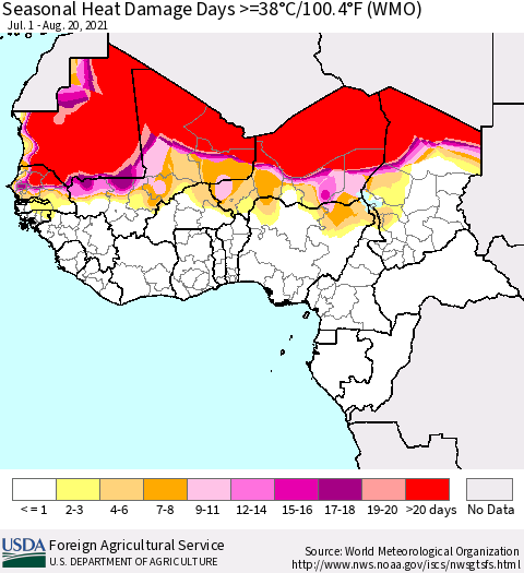 Western Africa Seasonal Heat Damage Days >=38°C/100°F (WMO) Thematic Map For 7/1/2021 - 8/20/2021