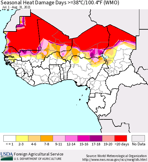 Western Africa Seasonal Heat Damage Days >=38°C/100°F (WMO) Thematic Map For 7/1/2021 - 8/31/2021