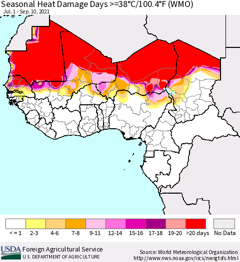 Western Africa Seasonal Heat Damage Days >=38°C/100°F (WMO) Thematic Map For 7/1/2021 - 9/10/2021