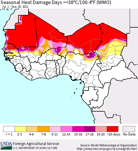 Western Africa Seasonal Heat Damage Days >=38°C/100°F (WMO) Thematic Map For 7/1/2021 - 9/20/2021