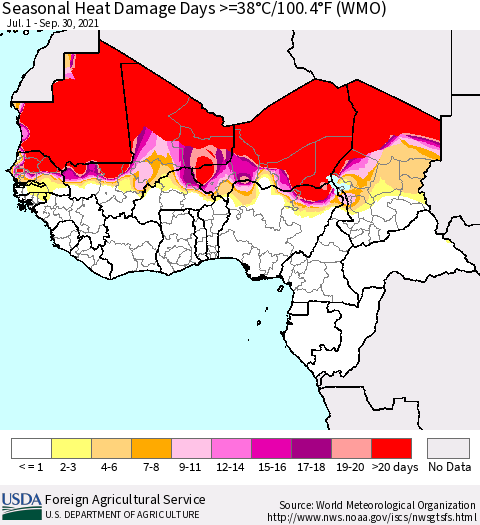 Western Africa Seasonal Heat Damage Days >=38°C/100°F (WMO) Thematic Map For 7/1/2021 - 9/30/2021
