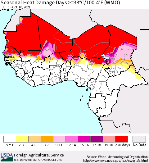 Western Africa Seasonal Heat Damage Days >=38°C/100°F (WMO) Thematic Map For 7/1/2021 - 10/10/2021