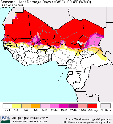 Western Africa Seasonal Heat Damage Days >=38°C/100°F (WMO) Thematic Map For 7/1/2021 - 10/20/2021