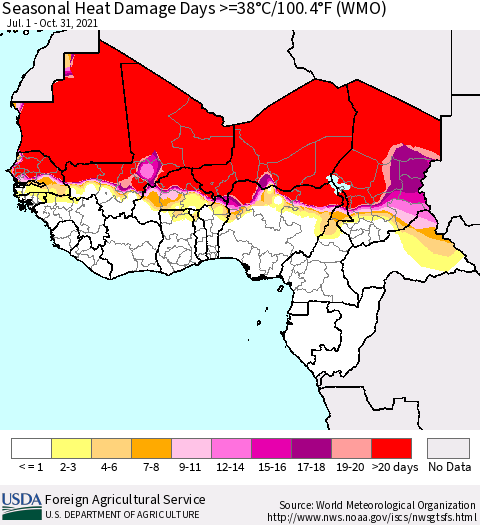 Western Africa Seasonal Heat Damage Days >=38°C/100°F (WMO) Thematic Map For 7/1/2021 - 10/31/2021