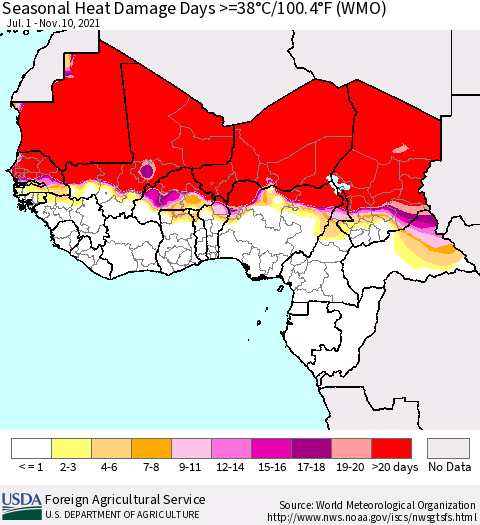 Western Africa Seasonal Heat Damage Days >=38°C/100°F (WMO) Thematic Map For 7/1/2021 - 11/10/2021