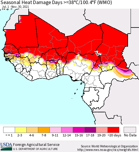 Western Africa Seasonal Heat Damage Days >=38°C/100°F (WMO) Thematic Map For 7/1/2021 - 11/30/2021