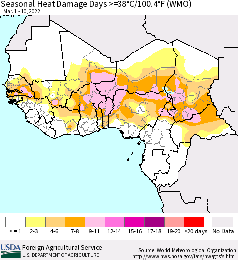 Western Africa Seasonal Heat Damage Days >=38°C/100°F (WMO) Thematic Map For 3/1/2022 - 3/10/2022