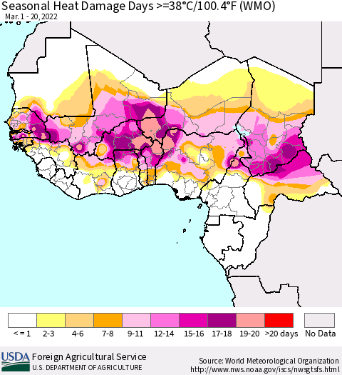 Western Africa Seasonal Heat Damage Days >=38°C/100°F (WMO) Thematic Map For 3/1/2022 - 3/20/2022