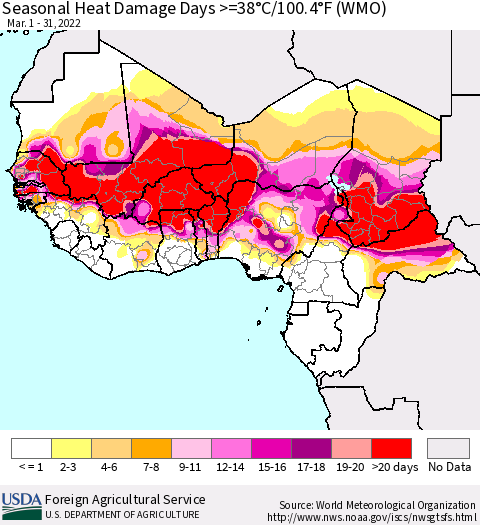 Western Africa Seasonal Heat Damage Days >=38°C/100°F (WMO) Thematic Map For 3/1/2022 - 3/31/2022