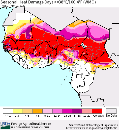 Western Africa Seasonal Heat Damage Days >=38°C/100°F (WMO) Thematic Map For 3/1/2022 - 4/10/2022