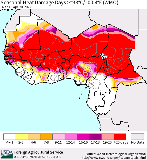 Western Africa Seasonal Heat Damage Days >=38°C/100°F (WMO) Thematic Map For 3/1/2022 - 4/20/2022