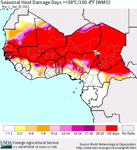 Western Africa Seasonal Heat Damage Days >=38°C/100°F (WMO) Thematic Map For 3/1/2022 - 4/30/2022