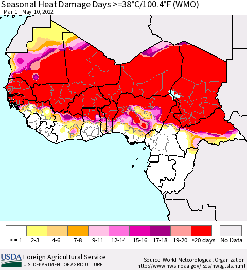 Western Africa Seasonal Heat Damage Days >=38°C/100°F (WMO) Thematic Map For 3/1/2022 - 5/10/2022