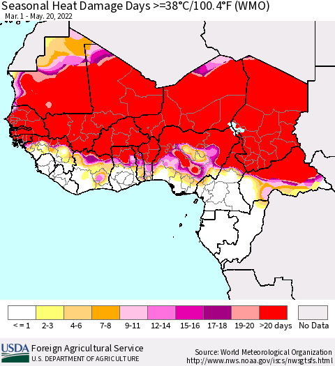 Western Africa Seasonal Heat Damage Days >=38°C/100°F (WMO) Thematic Map For 3/1/2022 - 5/20/2022