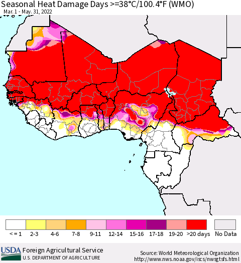 Western Africa Seasonal Heat Damage Days >=38°C/100°F (WMO) Thematic Map For 3/1/2022 - 5/31/2022