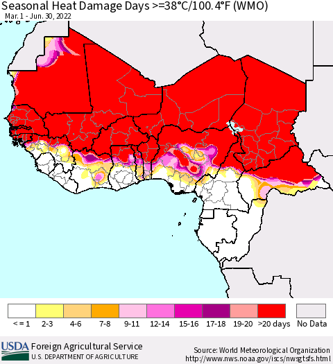 Western Africa Seasonal Heat Damage Days >=38°C/100°F (WMO) Thematic Map For 3/1/2022 - 6/30/2022