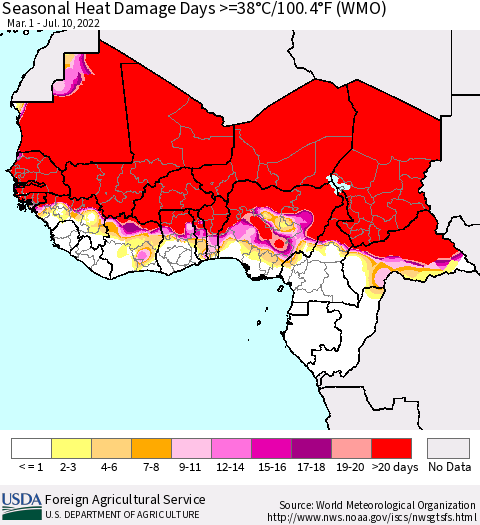 Western Africa Seasonal Heat Damage Days >=38°C/100°F (WMO) Thematic Map For 3/1/2022 - 7/10/2022