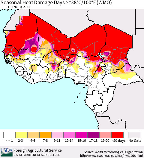 Western Africa Seasonal Heat Damage Days >=38°C/100°F (WMO) Thematic Map For 7/1/2022 - 1/10/2023