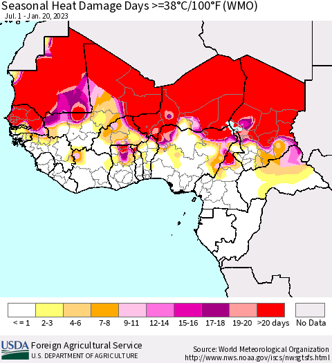 Western Africa Seasonal Heat Damage Days >=38°C/100°F (WMO) Thematic Map For 7/1/2022 - 1/20/2023