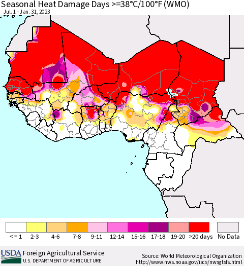 Western Africa Seasonal Heat Damage Days >=38°C/100°F (WMO) Thematic Map For 7/1/2022 - 1/31/2023