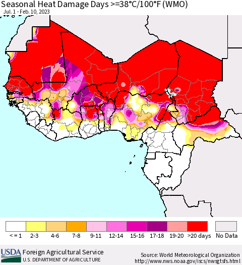 Western Africa Seasonal Heat Damage Days >=38°C/100°F (WMO) Thematic Map For 7/1/2022 - 2/10/2023