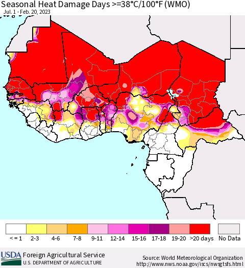 Western Africa Seasonal Heat Damage Days >=38°C/100°F (WMO) Thematic Map For 7/1/2022 - 2/20/2023