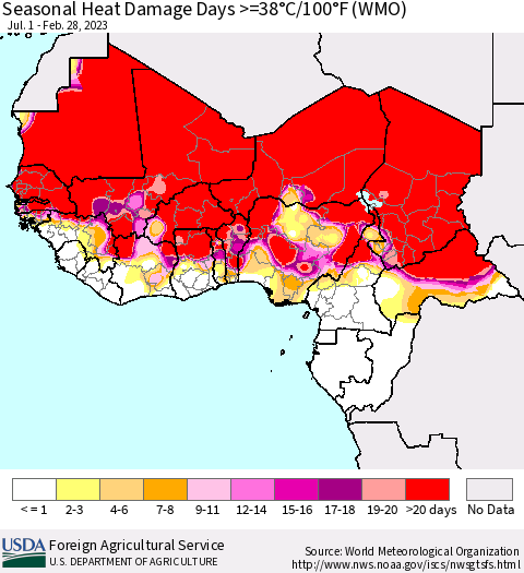 Western Africa Seasonal Heat Damage Days >=38°C/100°F (WMO) Thematic Map For 7/1/2022 - 2/28/2023