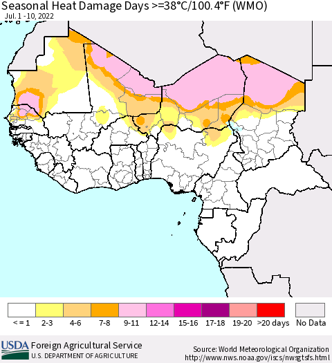 Western Africa Seasonal Heat Damage Days >=38°C/100°F (WMO) Thematic Map For 7/1/2022 - 7/10/2022