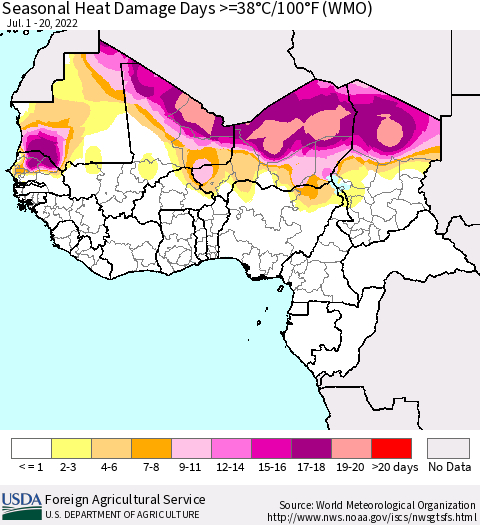 Western Africa Seasonal Heat Damage Days >=38°C/100°F (WMO) Thematic Map For 7/1/2022 - 7/20/2022