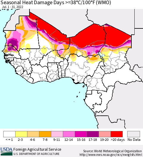Western Africa Seasonal Heat Damage Days >=38°C/100°F (WMO) Thematic Map For 7/1/2022 - 7/31/2022