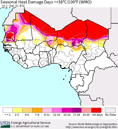 Western Africa Seasonal Heat Damage Days >=38°C/100°F (WMO) Thematic Map For 7/1/2022 - 8/10/2022