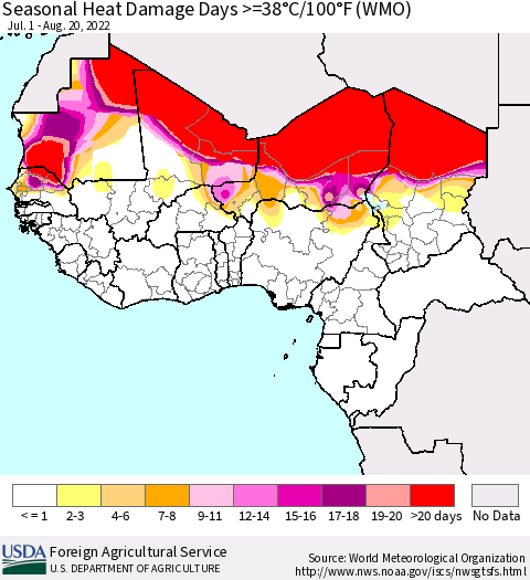 Western Africa Seasonal Heat Damage Days >=38°C/100°F (WMO) Thematic Map For 7/1/2022 - 8/20/2022