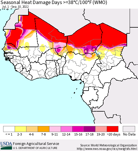 Western Africa Seasonal Heat Damage Days >=38°C/100°F (WMO) Thematic Map For 7/1/2022 - 9/10/2022