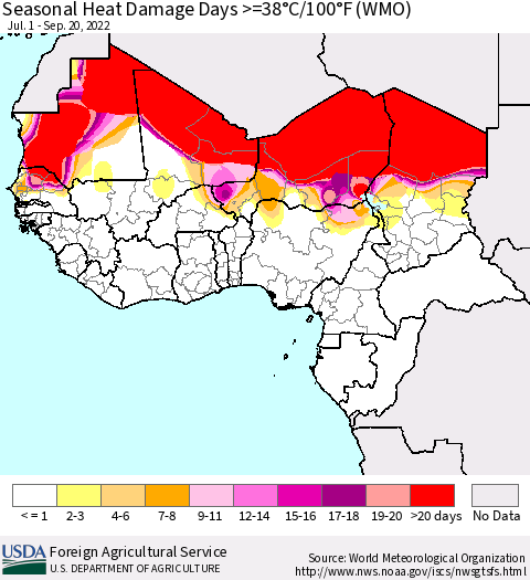 Western Africa Seasonal Heat Damage Days >=38°C/100°F (WMO) Thematic Map For 7/1/2022 - 9/20/2022