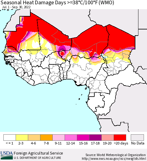 Western Africa Seasonal Heat Damage Days >=38°C/100°F (WMO) Thematic Map For 7/1/2022 - 9/30/2022