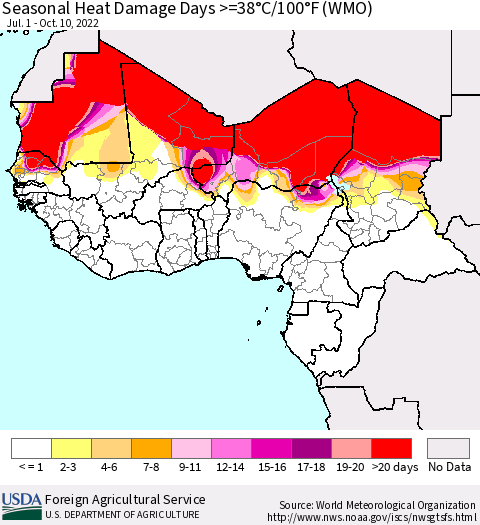 Western Africa Seasonal Heat Damage Days >=38°C/100°F (WMO) Thematic Map For 7/1/2022 - 10/10/2022
