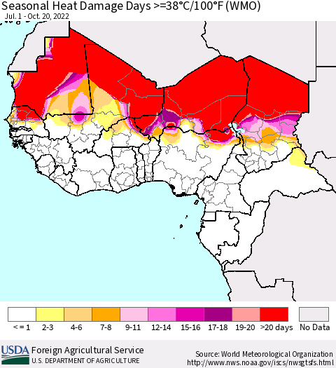Western Africa Seasonal Heat Damage Days >=38°C/100°F (WMO) Thematic Map For 7/1/2022 - 10/20/2022
