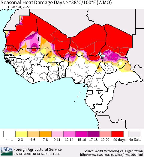 Western Africa Seasonal Heat Damage Days >=38°C/100°F (WMO) Thematic Map For 7/1/2022 - 10/31/2022