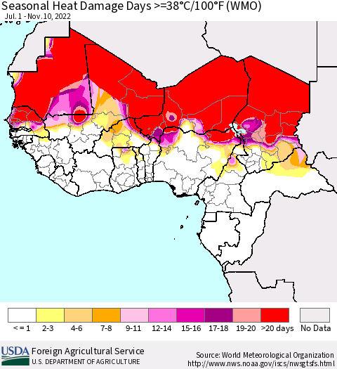 Western Africa Seasonal Heat Damage Days >=38°C/100°F (WMO) Thematic Map For 7/1/2022 - 11/10/2022